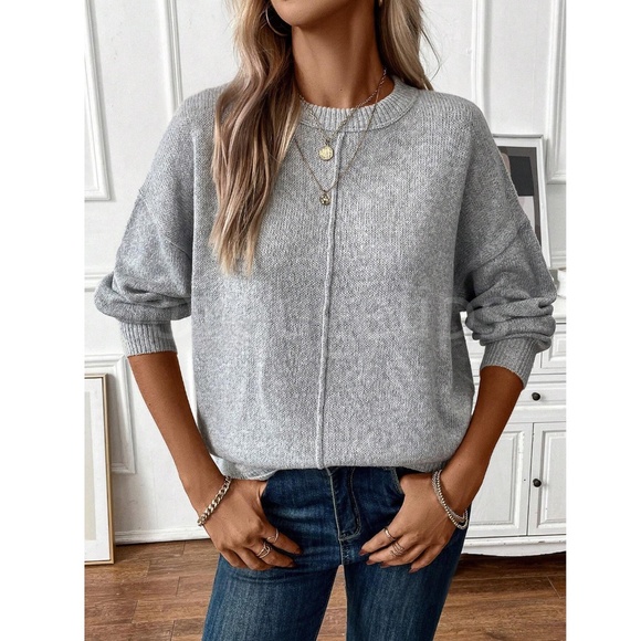 Gray Knit Pullover Loose Fit Sweater Long Sleeve Drop Shoulder - Picture 2 of 7